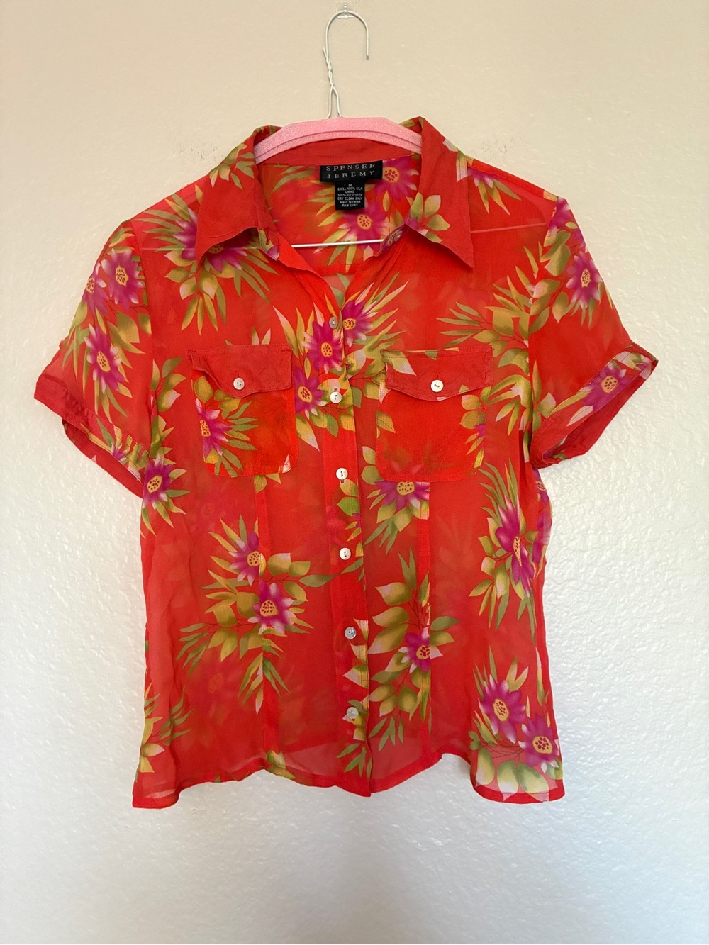 VTG Spenser Jeremy Silk Red Floral Button-Up Short Sleeve Shirt Hawaiian Tropic